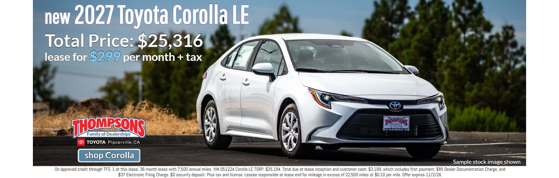 new 2027 toyota corolla $299 a month lease special at Thompsons Toyota in Placerville