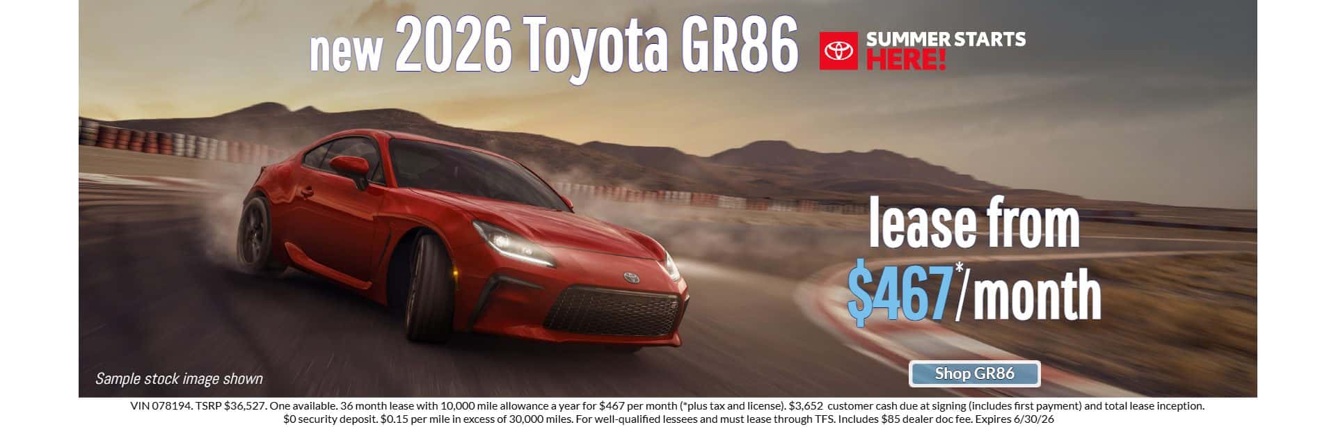 new 2026 Toyota GR86 $467 lease special in Placerville