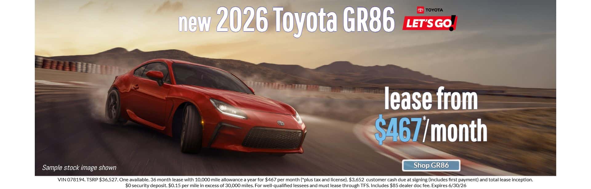 new 2026 Toyota GR86 $467 lease special in Placerville