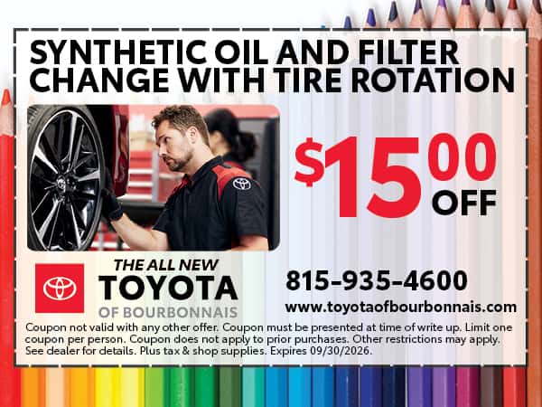 Synthetic Oil & Filter Change w/ Tire Rotation | Toyota of Bourbonnais