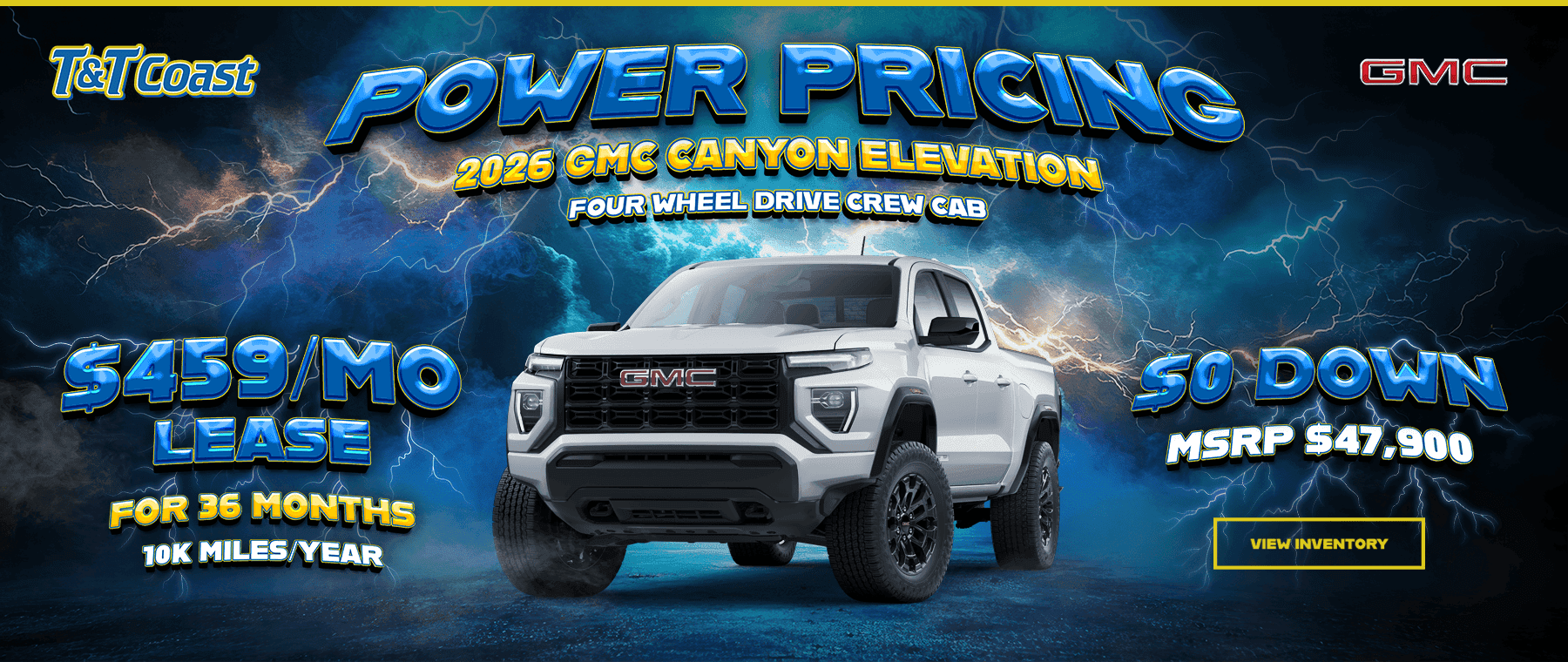Headline*: 2026 GMC Canyon Elevation Four Wheel Drive Crew Cab Subtext: $0 DOWN MSRP $47,900 $459/MO LEASE! FOR 36 MONTHS 10K MILES/YEAR