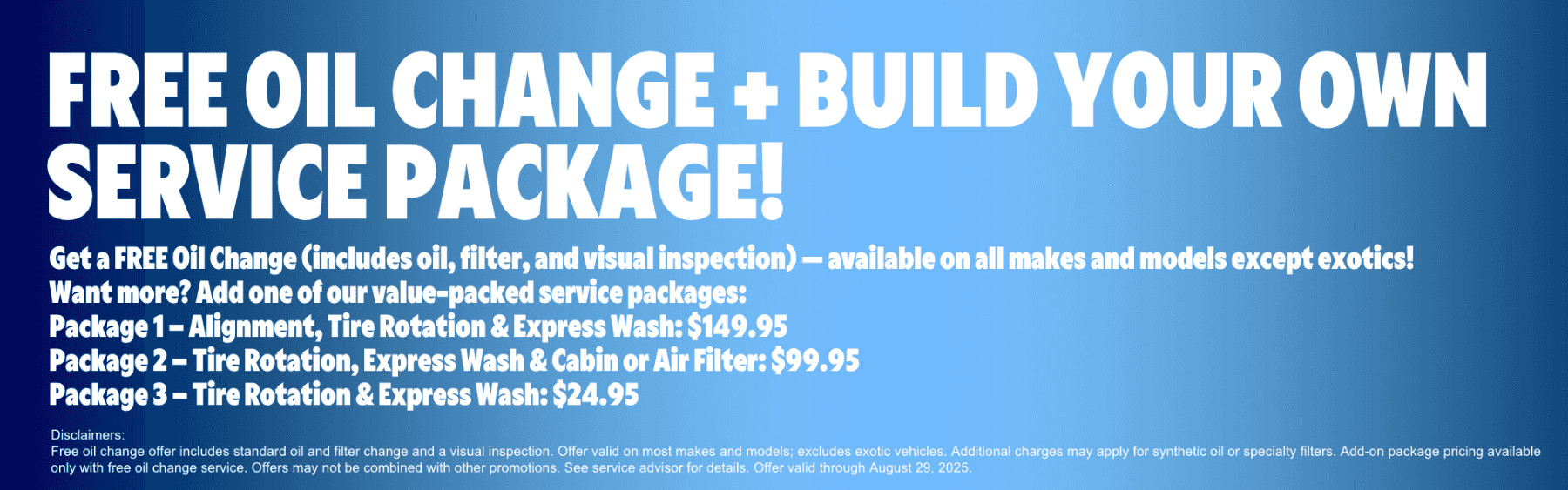 Volkswagen service special – free oil change plus build-your-own service package at local VW dealership, August 2025.