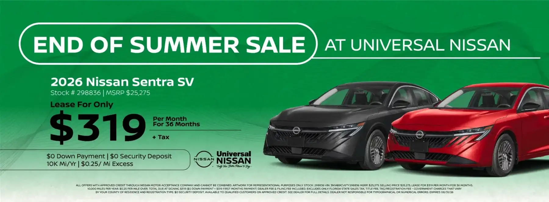 End of Summer Sale at Universal Nissan: lease a 2026 Nissan Sentra SV for $319 per month for 36 months.