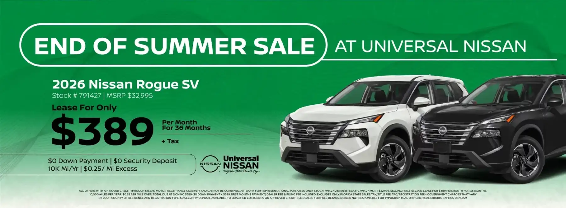 End of Summer Sale at Universal Nissan: lease a 2026 Nissan Rogue SV for $389 per month for 36 months.