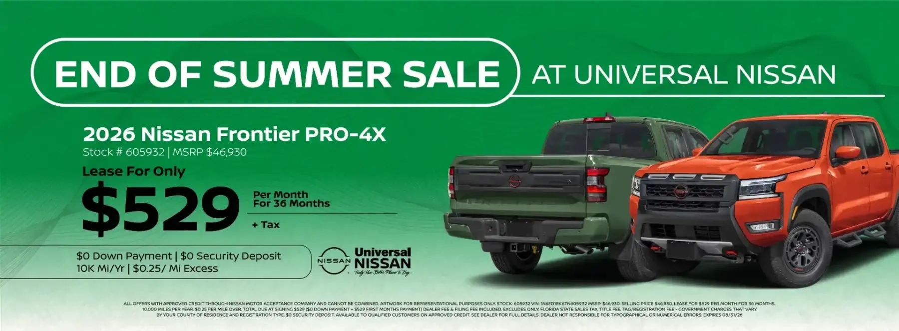 End of Summer Sale at Universal Nissan: lease a 2026 Nissan Frontier PRO-4X for $529 per month for 36 months.