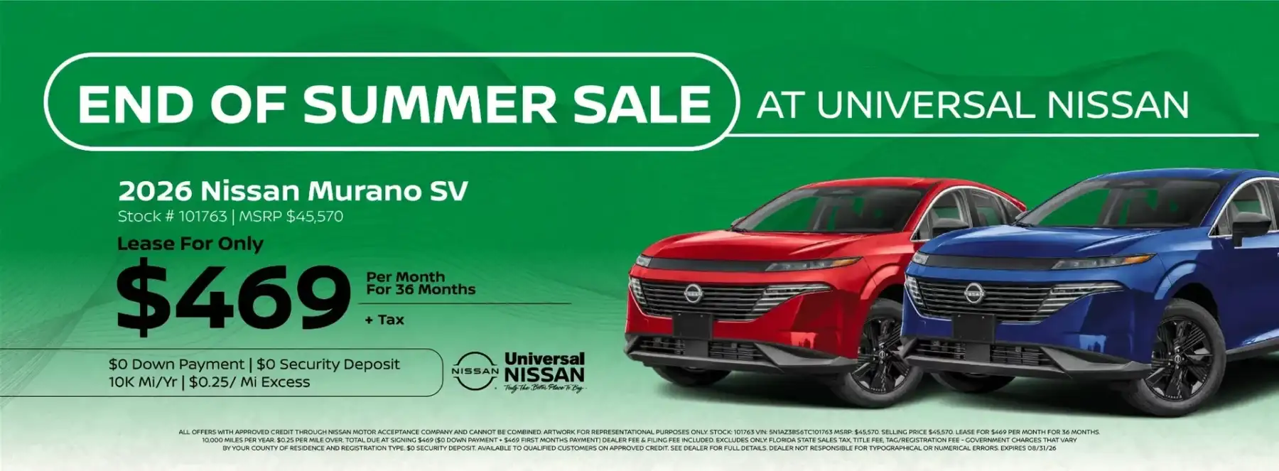 End of Summer Sale at Universal Nissan: lease a 2026 Nissan Murano SV for $469 per month for 36 months.