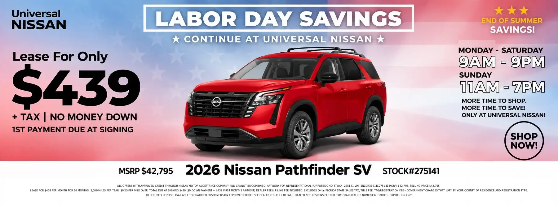 2026 Nissan Pathfinder SV lease offer at Universal Nissan in Orlando