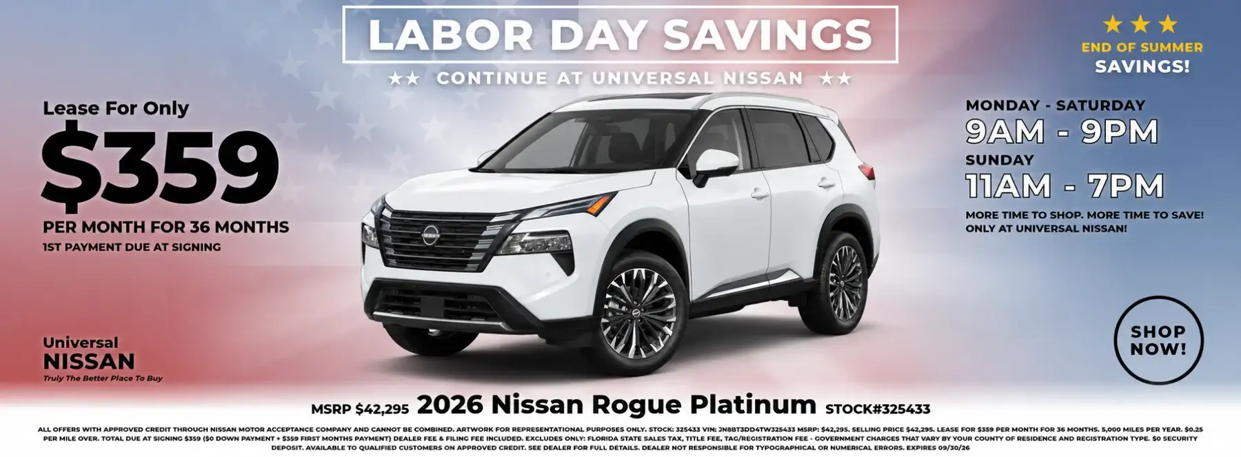2026 Nissan Rogue Platinum lease offer at Universal Nissan in Orlando