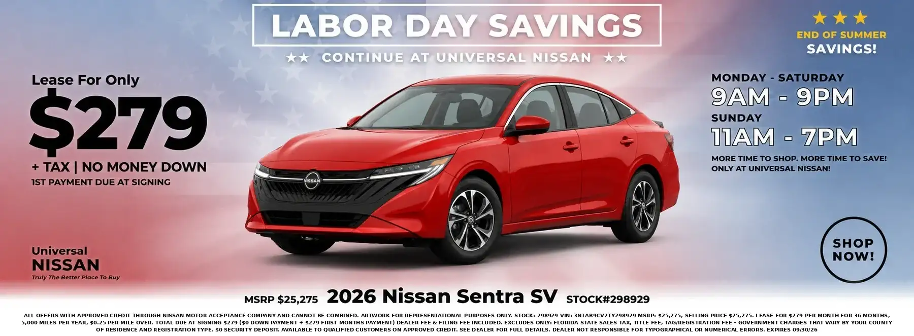 2026 Nissan Sentra SV Labor Day lease offer, $279 per month for 36 months with $279 due at signing at Universal Nissan in Orlando