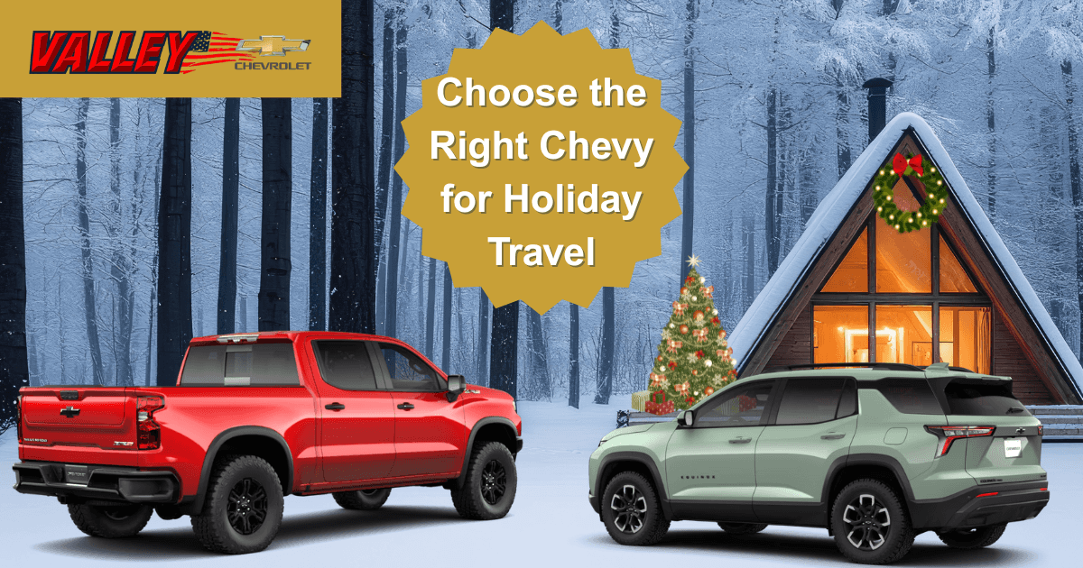 Chevy Silverado and Chevy Equinox parked in front of a snowy cabin, perfect vehicles for holiday road trips and winter driving