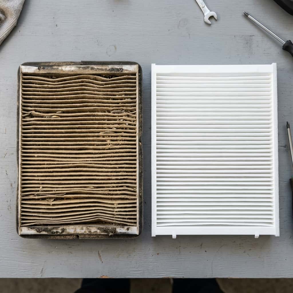 Cabin air filter clogged with tan desert dust next to a clean new filter