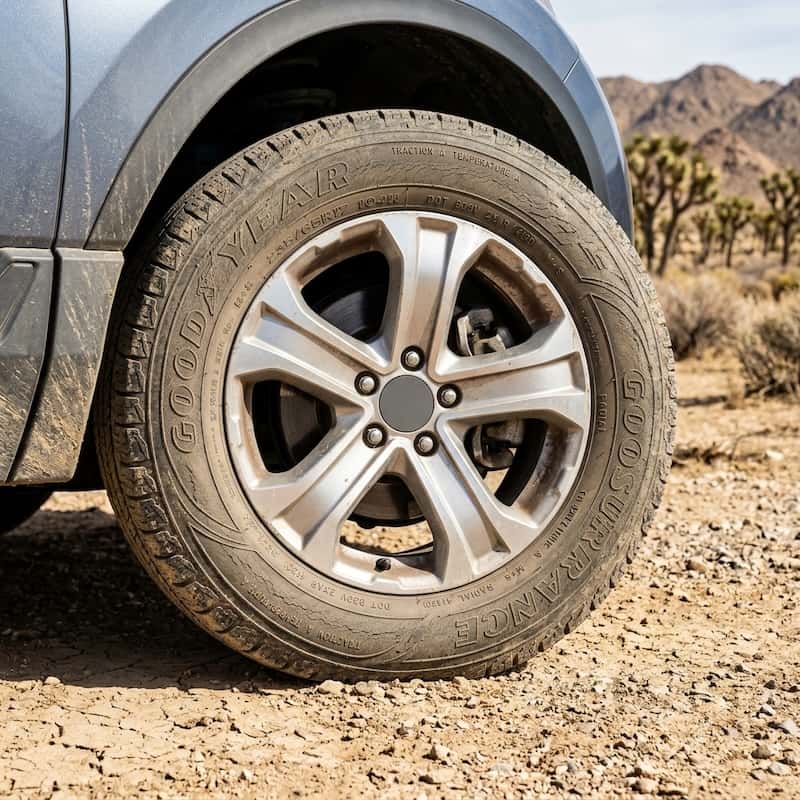 Close-up of a tire sidewall on a Honda CR-V wheel showing fine cracks in the rubber from sun and heat