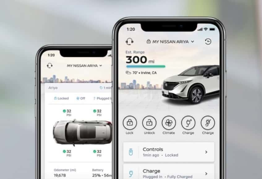 MyNISSAN app screen showing remote engine start and climate control settings