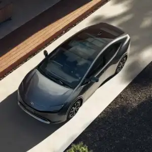 View from the top of a 2026 Prius PHEV parked with a planter and gravel in landscaping in view