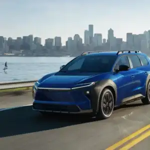 2026 Toyota bZ Woodland in Motion by a Body of Water