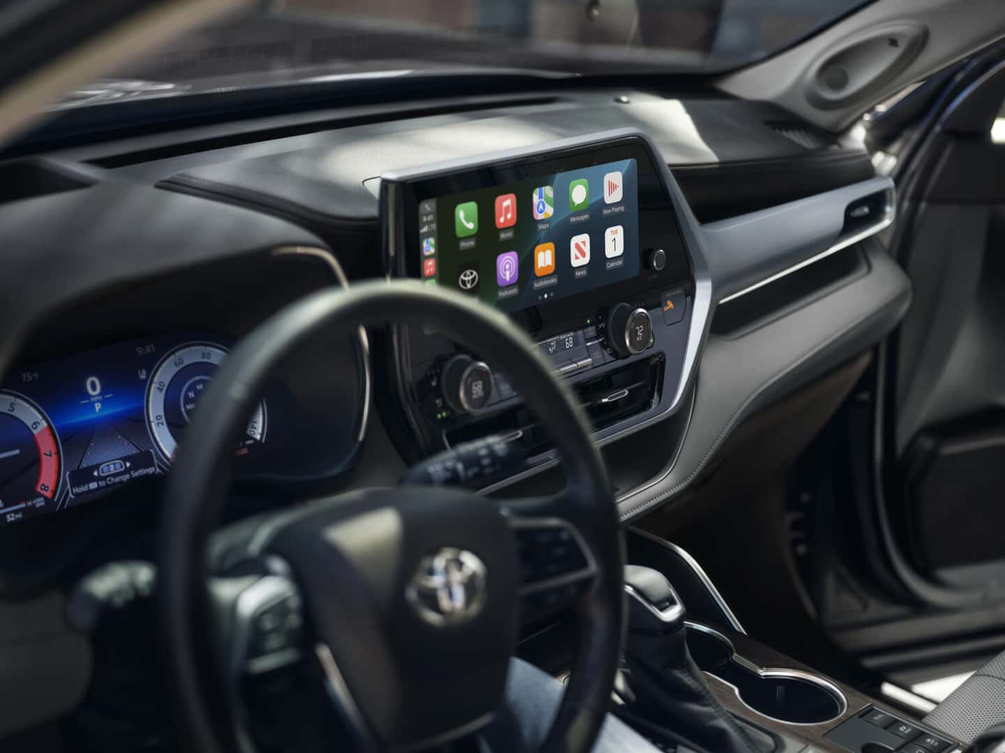 Dashboard and front cabin view of the 2026 Toyota Highlander Hybrid
