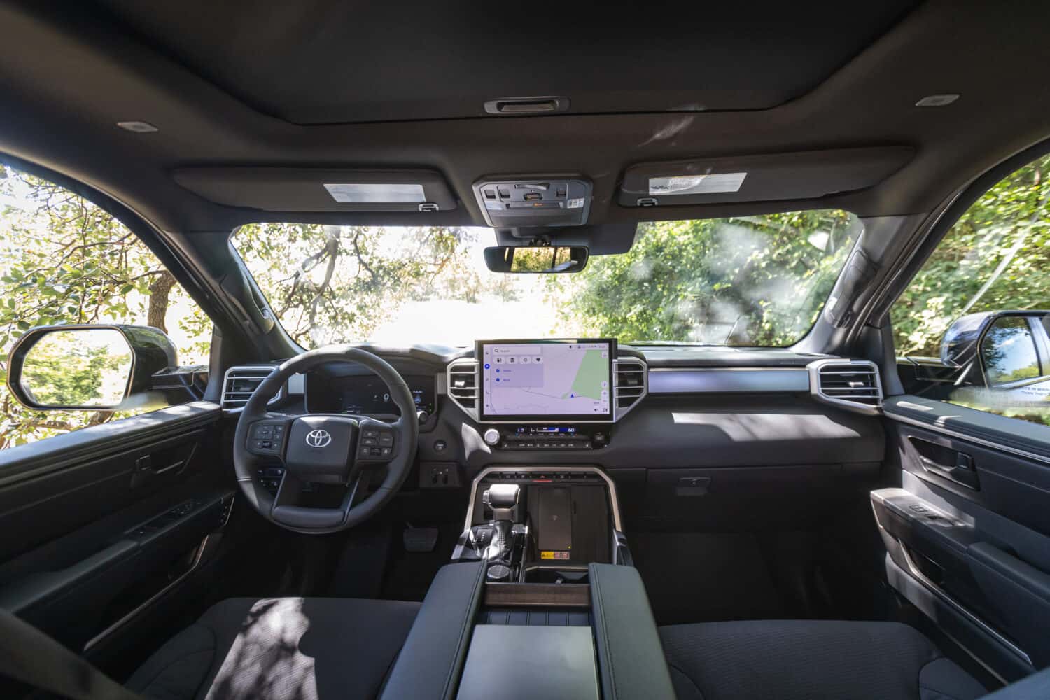 Interior of the 2027 Toyota Tundra Trailhunter, viewed from between the front seats