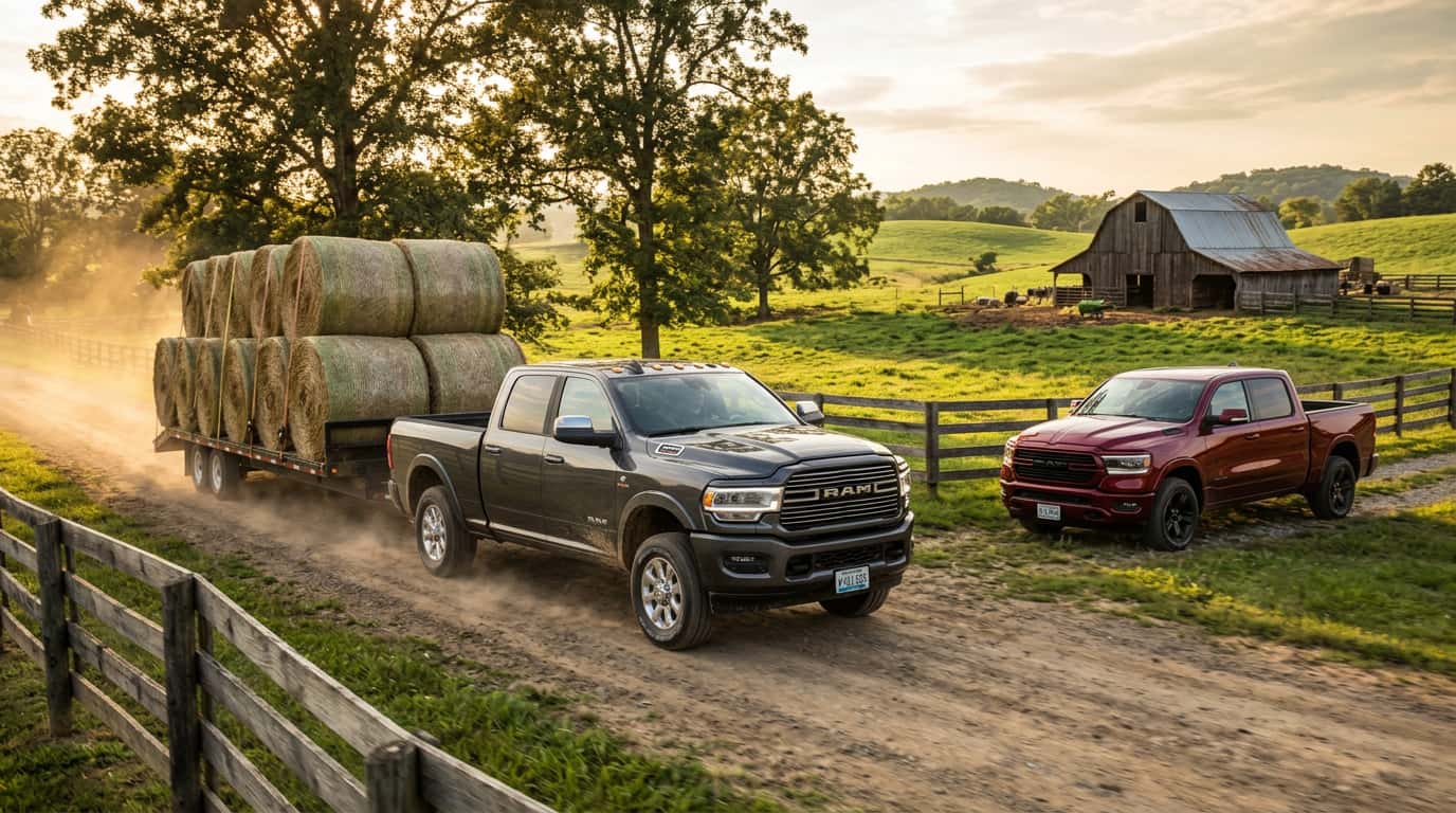 A gray Ram truck towing a trailer of hay bales alongside a red Ram truck on a farm path.