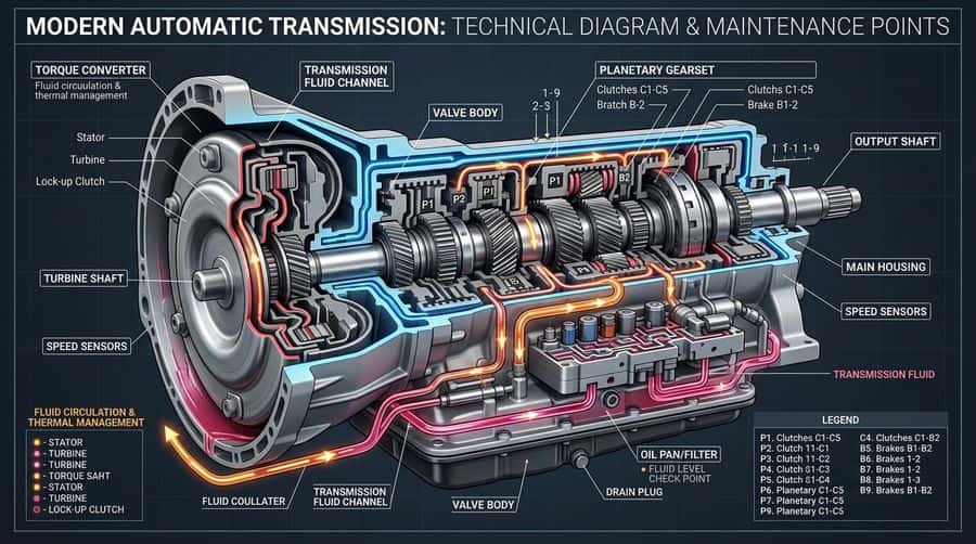Cutaway technical diagram of a modern automatic transmission showing internal components, fluid flow, and valve body. (Representative image for illustration purposes only. Actual vehicle may vary based on trim and configuration.)