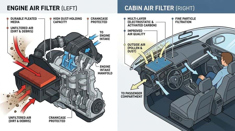 Diagram comparing an engine air filter protecting an engine intake and a cabin air filter cleaning air for passengers. (Representative image for illustration purposes only. Actual vehicle may vary based on trim and configuration.