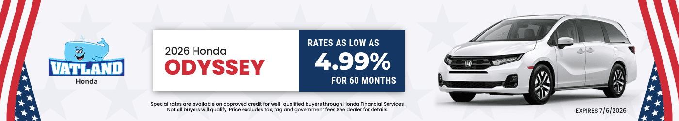 Rates as low as 4.99% for 60 months on 2026 Honda Odyssey