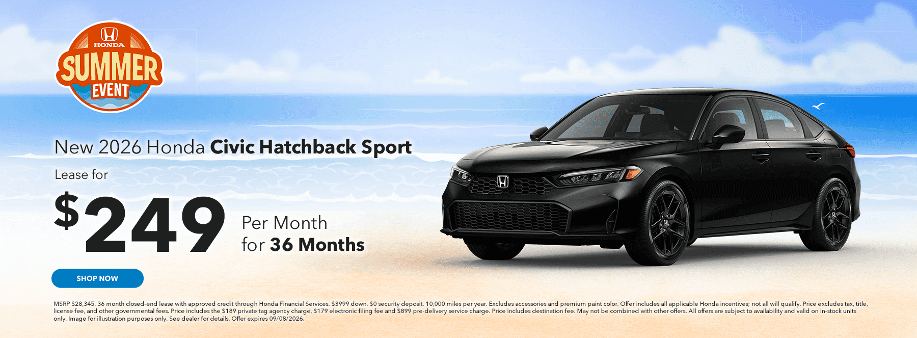 New 2026 Honda Civic Hatch Sport Subtext Lease for $249/mo for 36 months