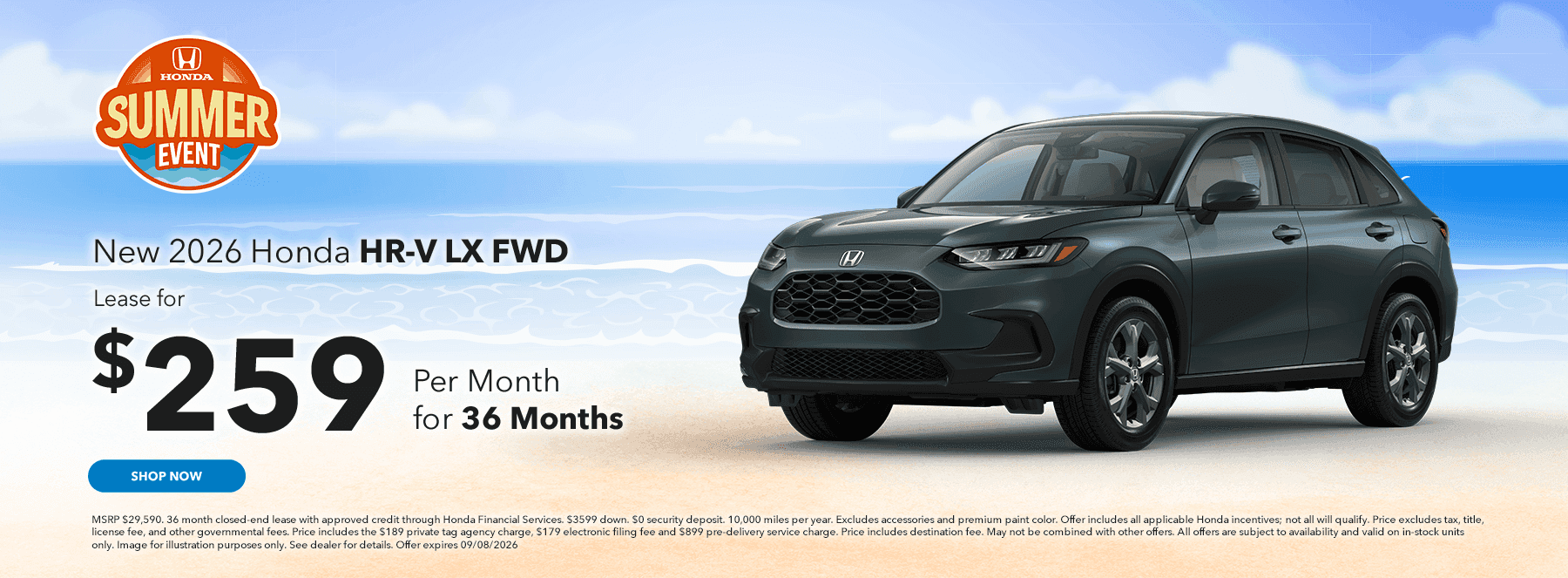New 2026 Honda HR-V LX FWD Subtext Lease for $259/mo for 36 months