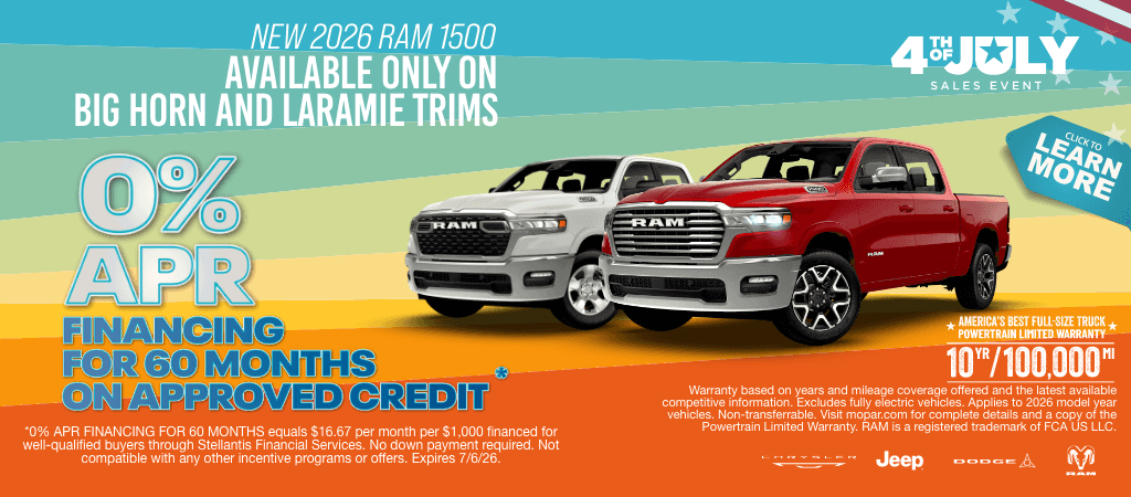 Select 2026 RAM 1500 Models: 0% Financing for 60 Months on Approved Credit