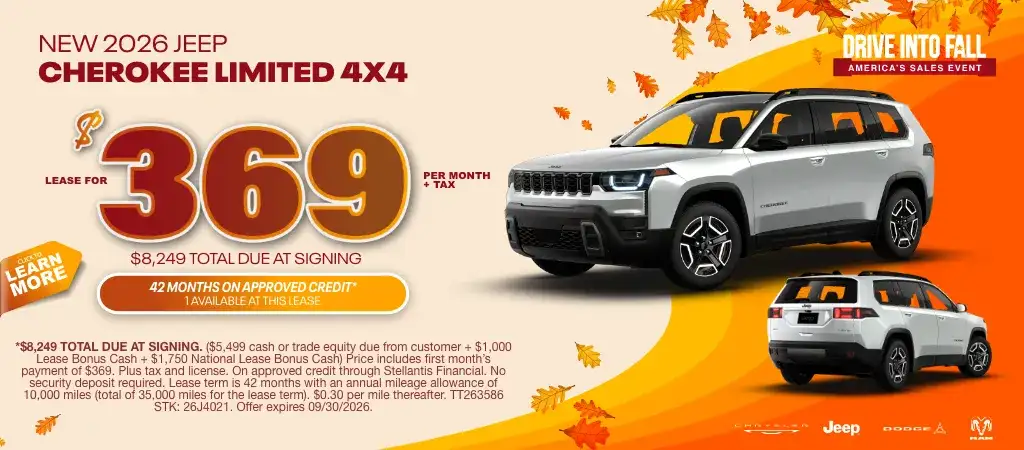 Lease a New 2026 Jeep Cherokee Limited 4X4 for $369