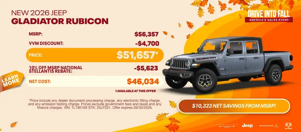 Save $10,323 Net Savings from MSRP on a New Jeep Gladiator Rubicon