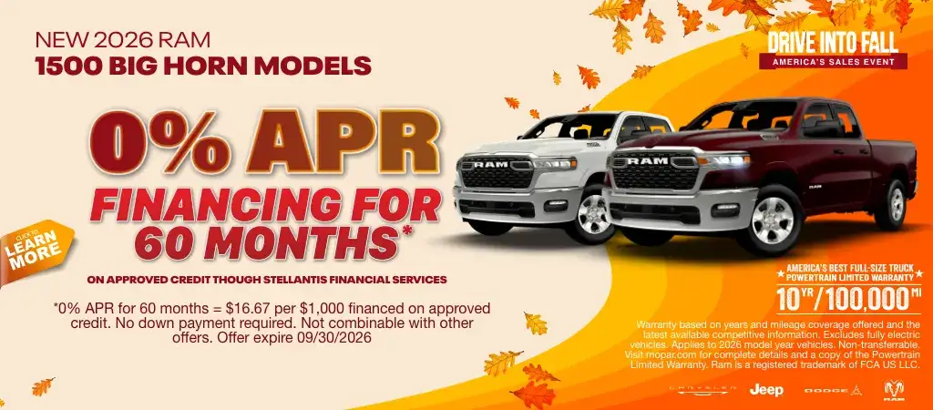 New 2026 RAM 1500 Big Horn Models: 0% APR Financing for 60 Months