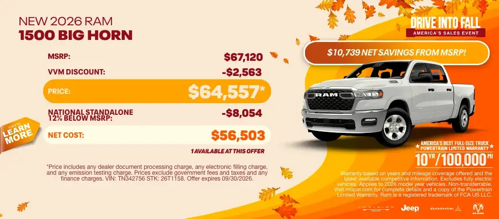Save $10,739 Net Savings from MSRP on a New RAM 1500 Big Horn Crew Cab