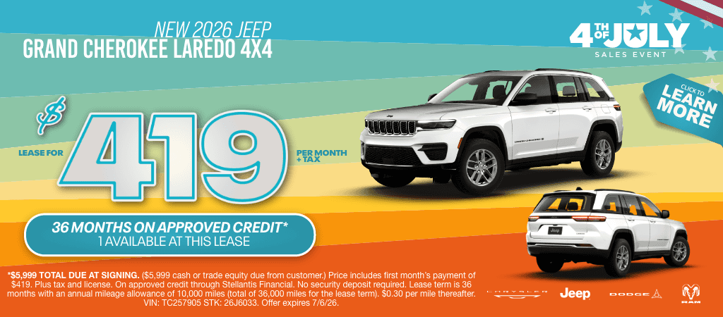 New 2026 Jeep Grand Cherokee Laredo 4X4: Lease for $419 a Month + Tax