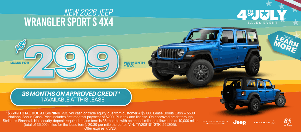 New 2026 Jeep Wrangler Sport S 4x4: Lease for $299 a Month + Tax