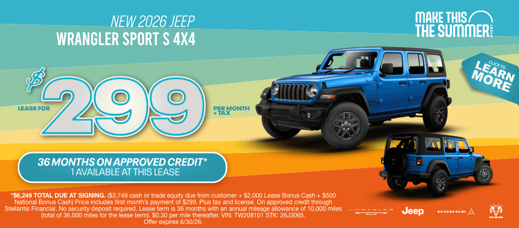 New 2026 Jeep Wrangler Sport S 4x4: Lease for $299 a Month + Tax