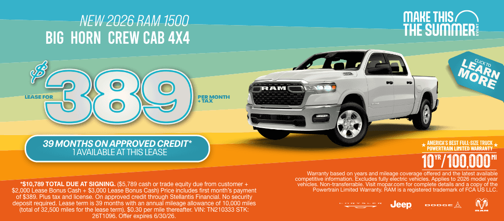 Lease a New 2026 RAM 1500 Big Horn Crew Cab for $389