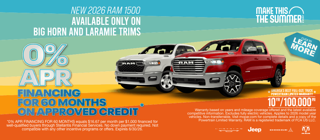 Select 2026 RAM 1500 Models: 0% Financing for 60 Months on Approved Credit