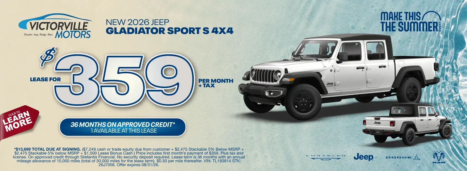 $359 Gladiator Sport S 4x4 Lease