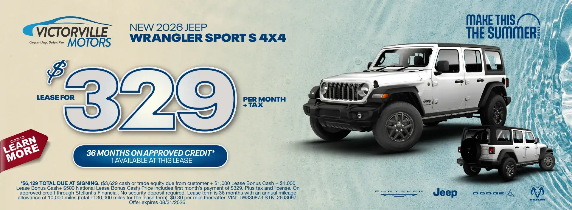 $329 Jeep Wrangler Sport S Lease
