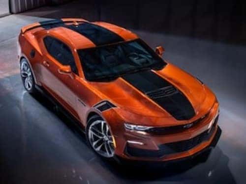 2024 Chevrolet Camaro overhead exterior view of car parked at night with headlights on