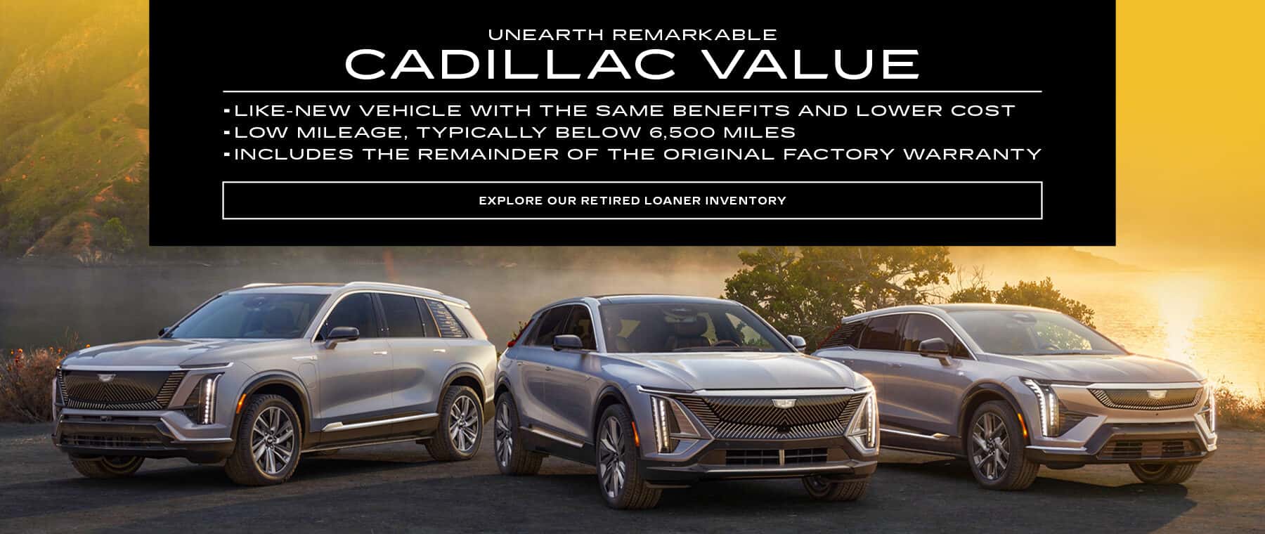 Three silver Cadillac electric vehicles, including the Lyriq and Escalade IQ, parked at sunset. Text reads 