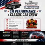 GM Performance & Classic Car Show at Walnut Creek Cadillac on July 11th, featuring pre-registration requirements and food by Tacos Chavinda.