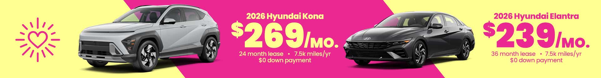 Lease specials on the 2026 Elantra and Kona