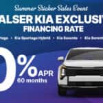 Walser Kia exclusive financing rate of 0% APR for up to 60 months on select Kia Sportage, Sportage Hybrid, Sorento, and Sorento Hybrid models.
