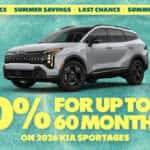 Walser Kia exclusive financing rate of 0% APR for up to 60 months on select Kia Sportage, Sportage Hybrid, Sorento, and Sorento Hybrid models.
