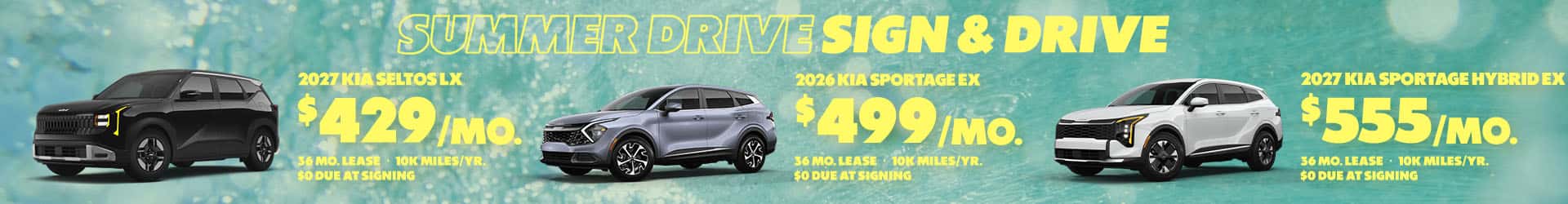 $0 due at signing leases on new 2027 Kia Seltos LX, 2026 Kia Sportage EX, and 2027 Kia Sportage Hybrid EX models