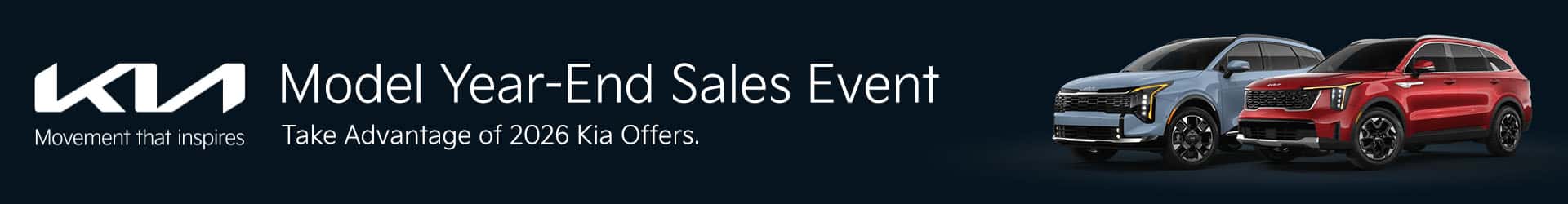 Model Year-End Sales Event at Walser Kia with special offers on select 2026 Kia models, including the Kia Sportage, Sportage Hybrid, Sportage Plug-in Hybrid, Sorento, Sorento Hybrid, Sorento Plug-in Hybrid, Carnival MPV, Carnival Hybrid, K5, K4, K4 Hatchback, Seltos, Niro Hybrid, Niro EV, EV6, and EV9.