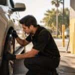 Chevrolet tire service at Webb Chevy Oak Lawn — technician checking tire tread depth and condition, Oak Lawn, IL