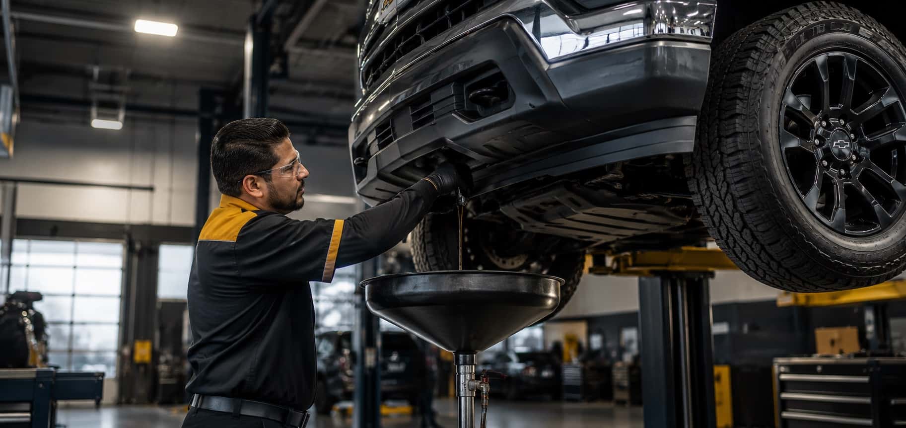 Chevrolet service technician performing service and inspection at Webb Chevy Oak Lawn in Oak Lawn, IL