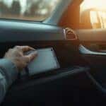Hand replacing a cabin air filter behind the glove compartment of a car